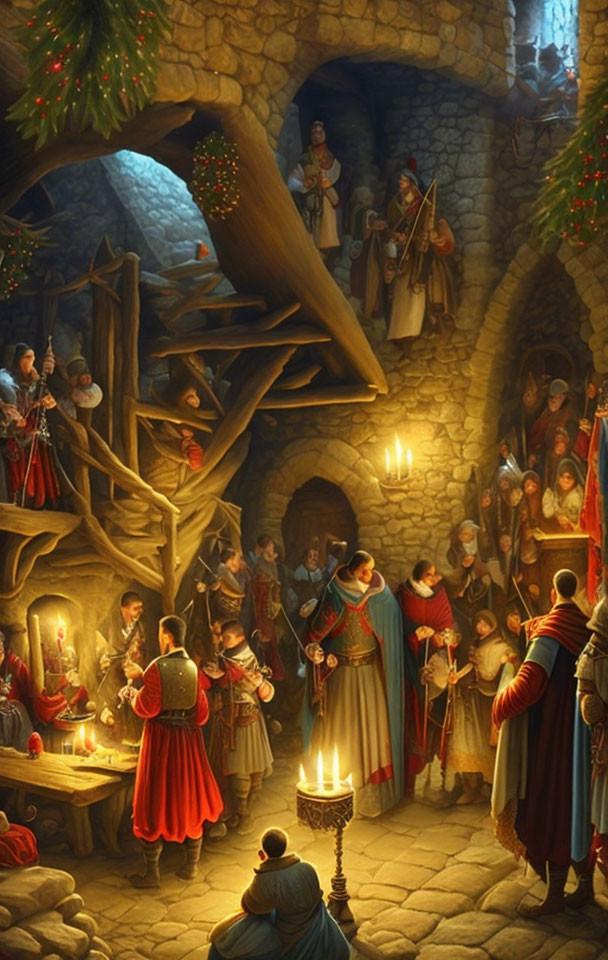 Medieval-style festive gathering in stone castle with period costumes, music, and decorations.