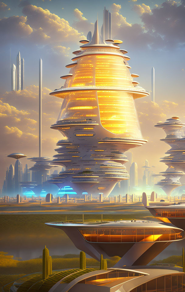 Futuristic cityscape with layered skyscrapers and advanced transportation systems