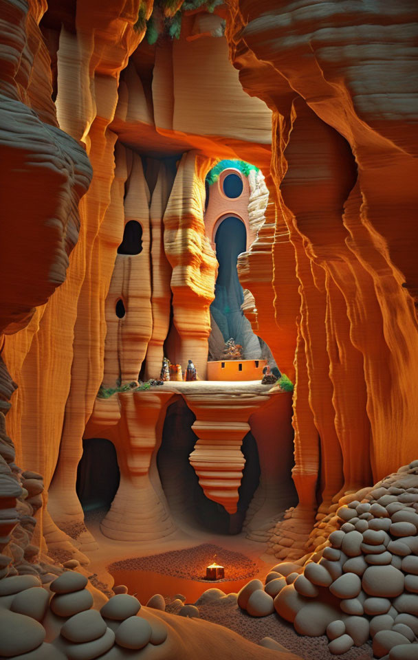 Surreal warm-hued cavern with campfire and enigmatic structure