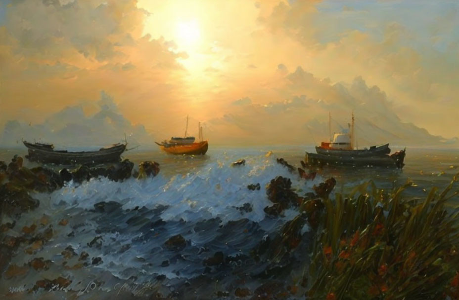 Vibrant sunset over choppy sea with boats and clouds