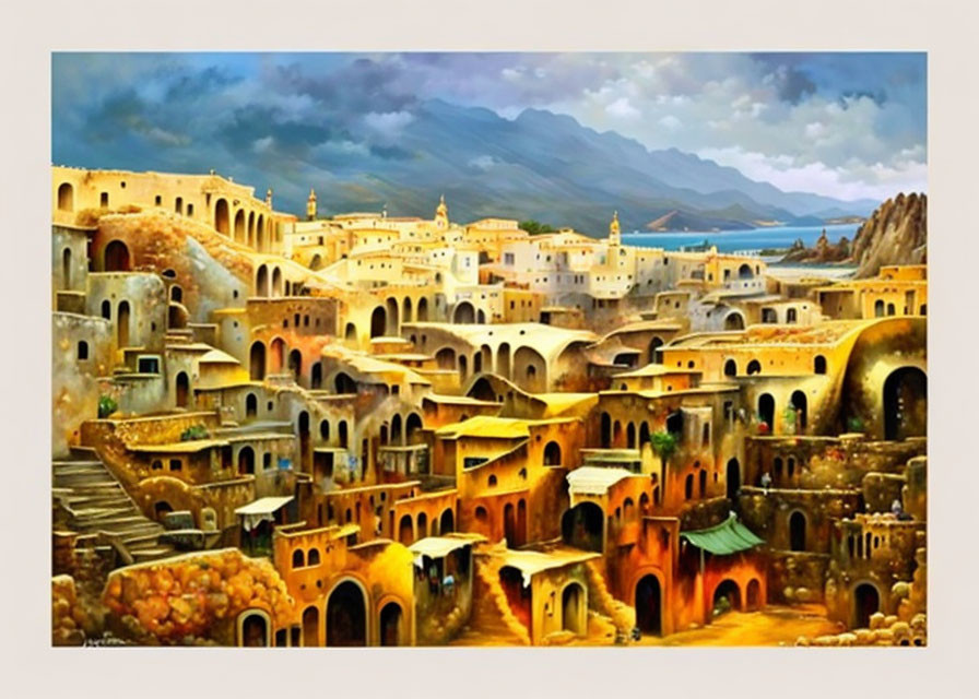 Ancient cityscape painting with terracotta buildings, sea, and mountains