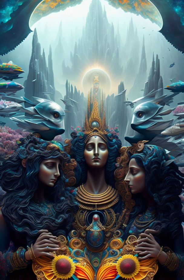 Digital artwork of three ethereal beings with blue skin in a surreal setting