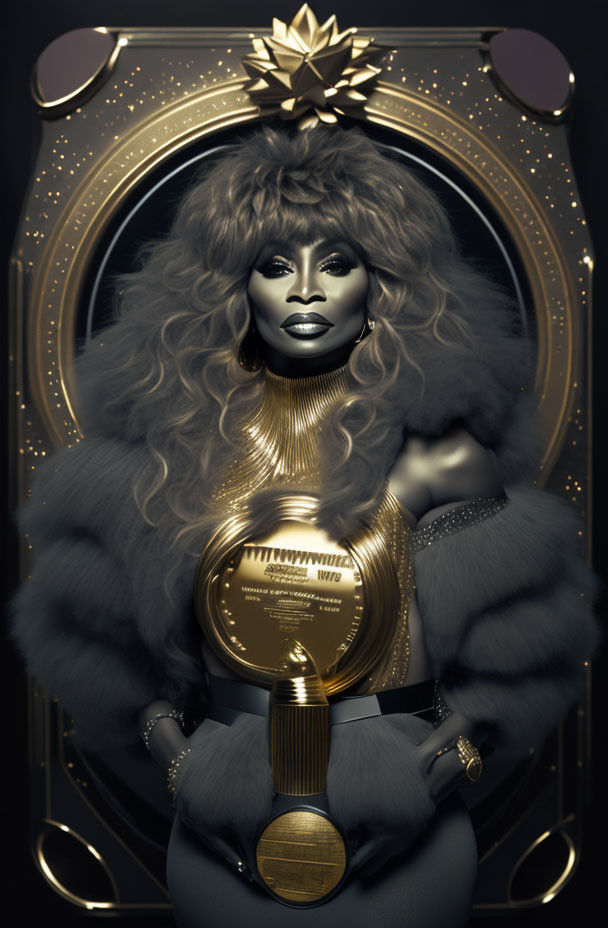 Stylized digital portrait with glamorous figure, voluminous hair, fur garment, golden trophy body,