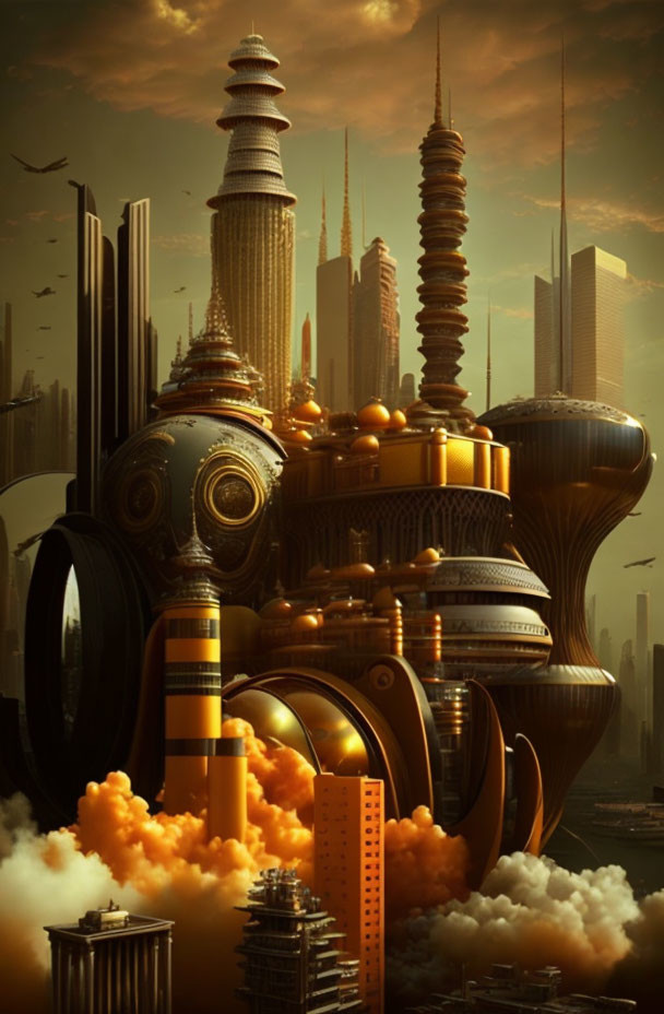 Golden steampunk skyscrapers in futuristic cityscape