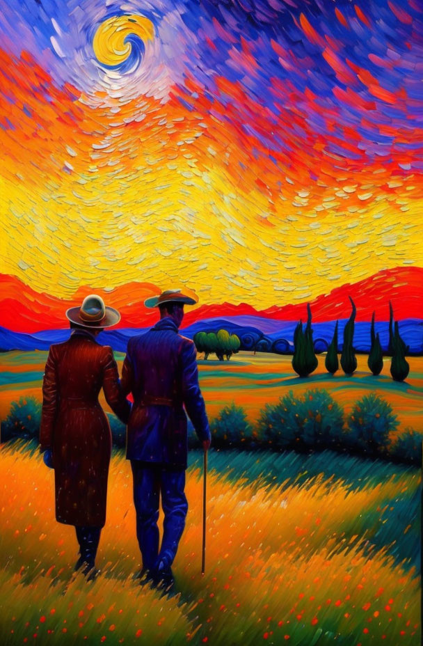 Couple holding hands in vibrant, Van Gogh-inspired landscape