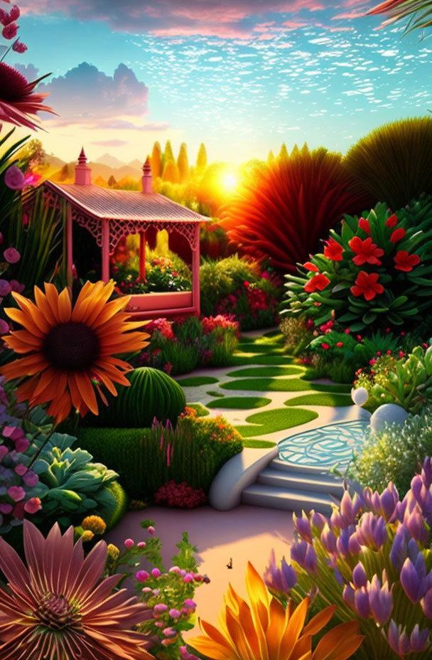 Colorful Sunset Garden with Gazebo, Flowers, Greenery, and Stone Path