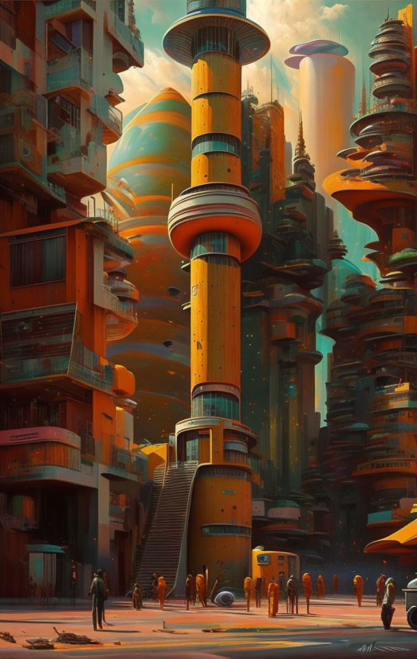 Futuristic cityscape with towering structures in warm hues