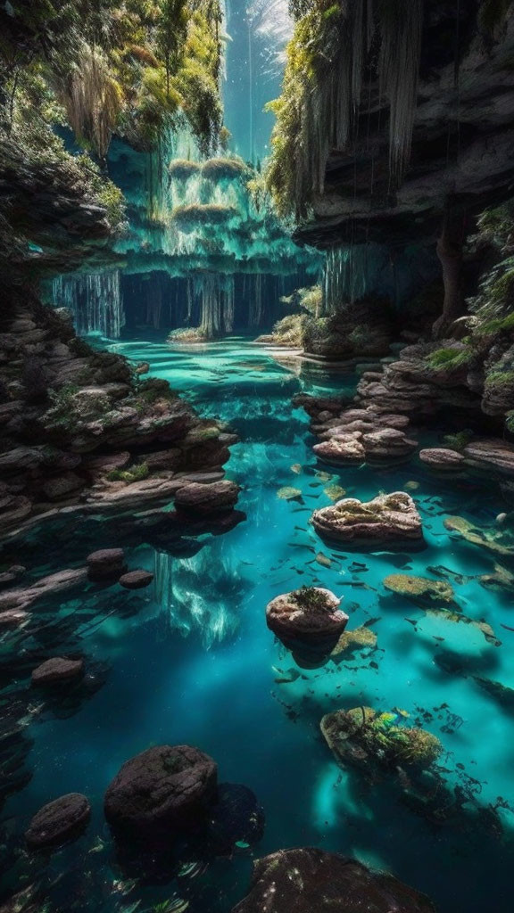 Sunlit Underwater Cave with Turquoise Waters and Greenery