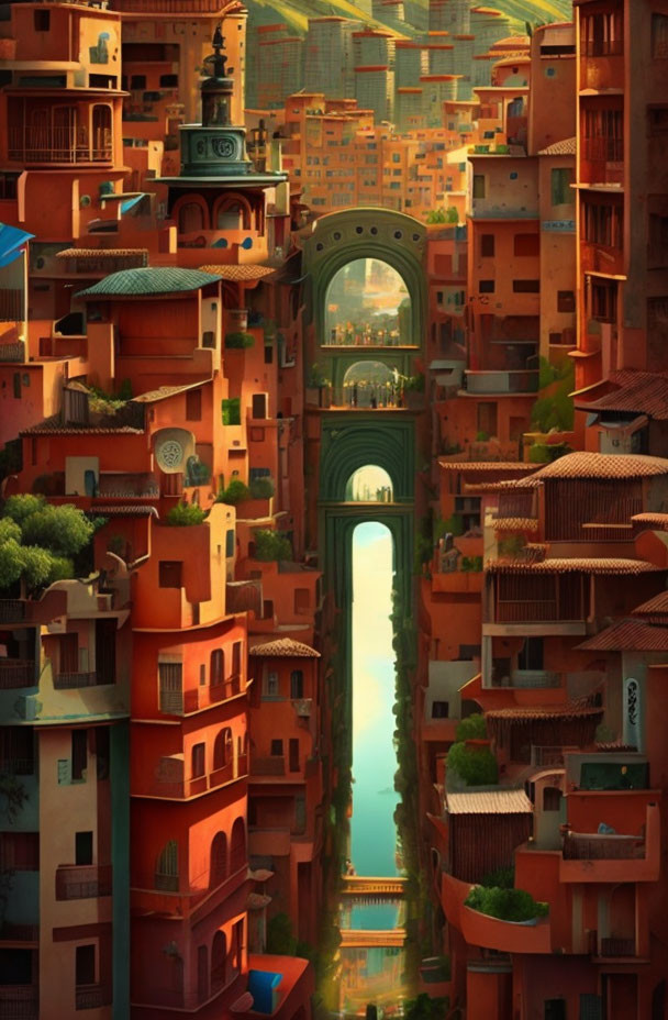 Vibrant vertical cityscape illustration with terracotta buildings and river