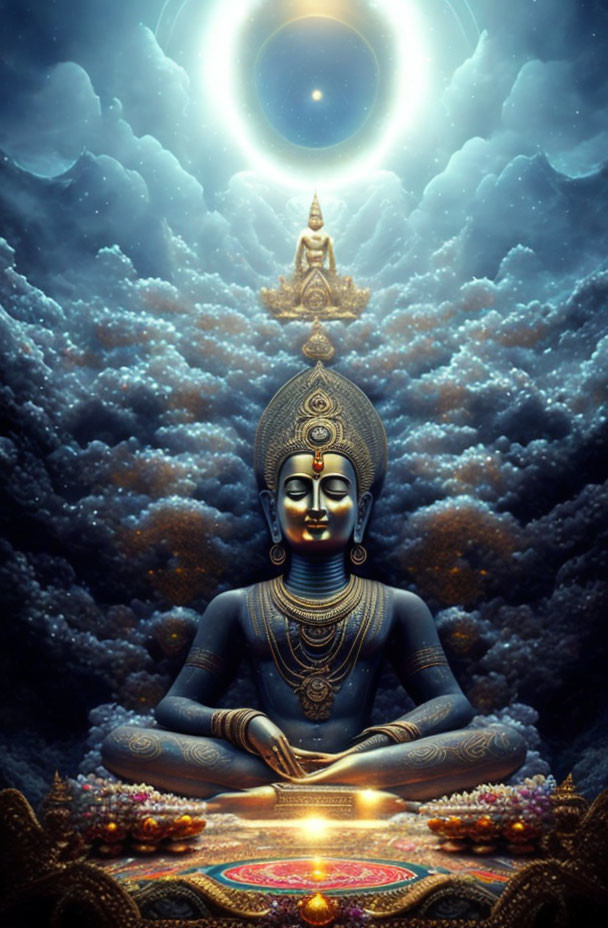 Illustration of deity meditating under celestial body among clouds