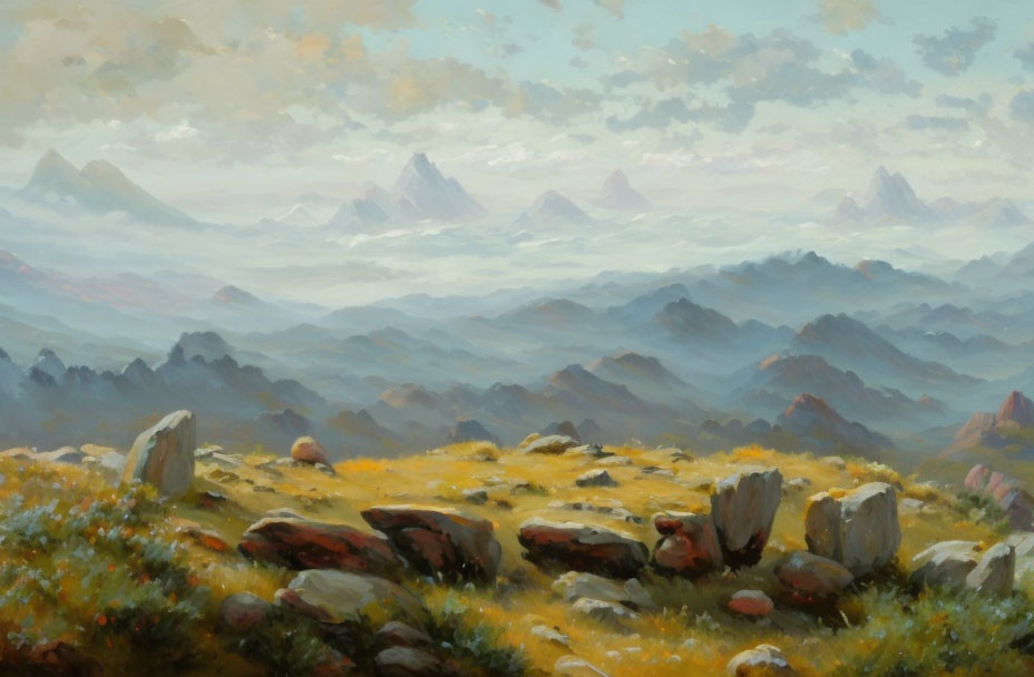 Tranquil landscape painting of hazy mountain range and rolling hills