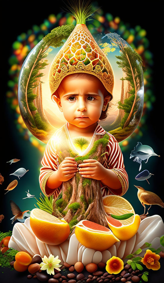 Toddler in ornate attire with nature scene and cosmic backdrop.