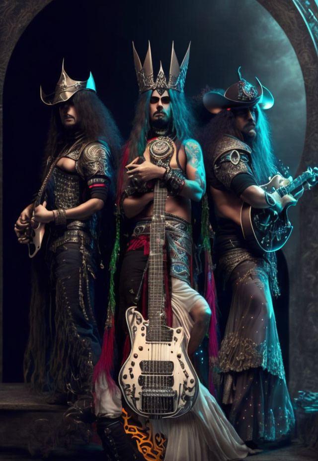 Three individuals in elaborate fantasy costumes with metallic crowns, holding guitars, striking a dramatic pose in a