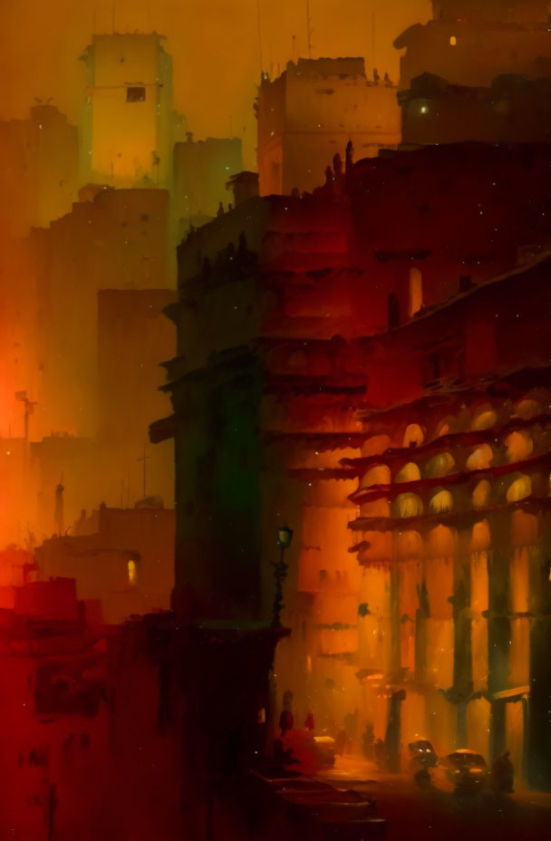 Cityscape with Silhouetted Buildings in Warm Amber and Crimson Tones