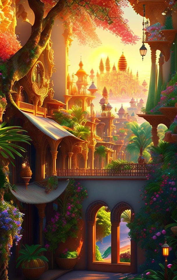 Colorful fantasy landscape with lush foliage, treehouses, flowers, and palatial buildings.