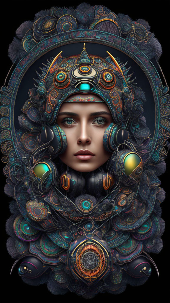 Surreal portrait of woman with peacock feather adornments in cool color palette