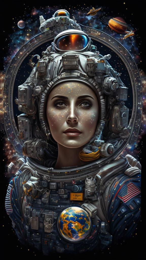 Detailed Female Astronaut Illustration in Complex Spacesuit Helmet