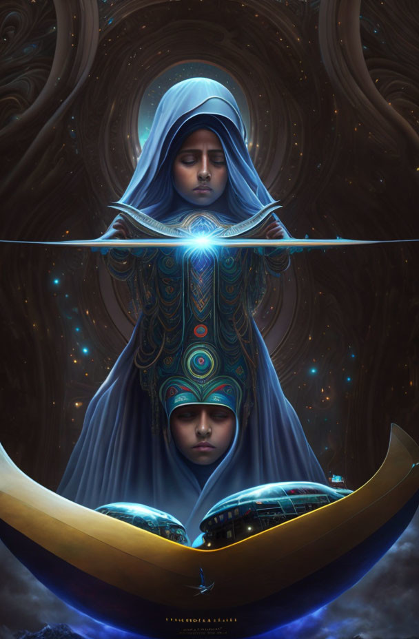 Surreal Artwork: Two Figures in Blue Robes with Cosmic Visuals