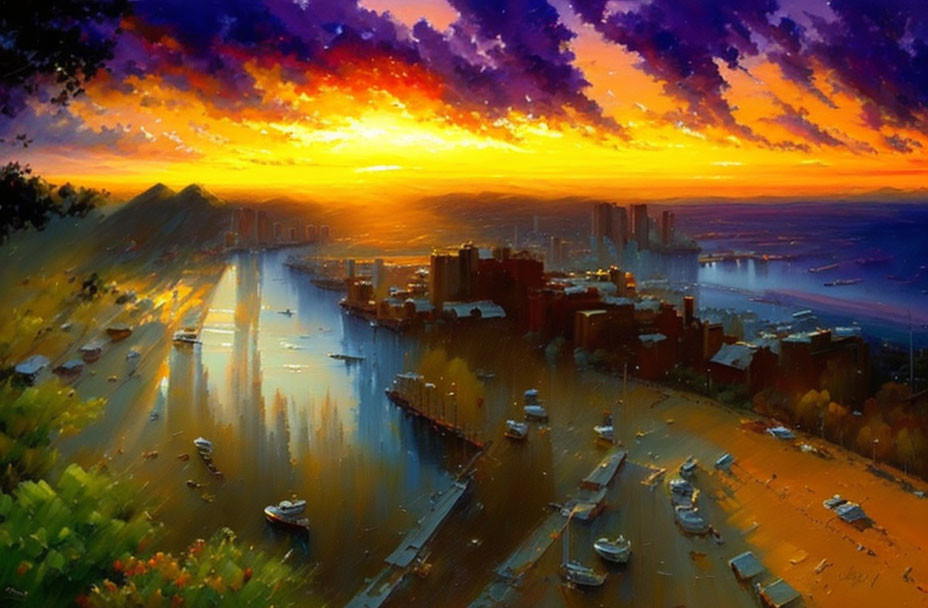 Scenic coastal city painting with vibrant sunset skies, boats, and mountains