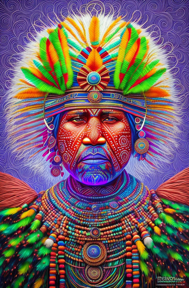 Colorful Artwork: Indigenous Attire & Headdress with Intricate Patterns