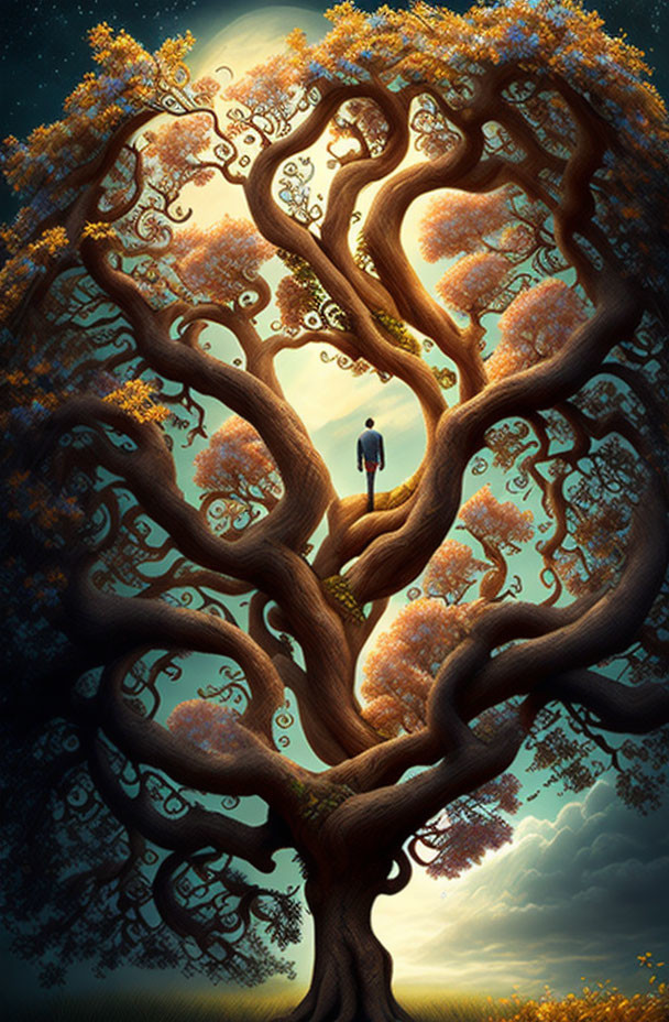 Giant tree with golden leaves and person on branch in magical sunset landscape