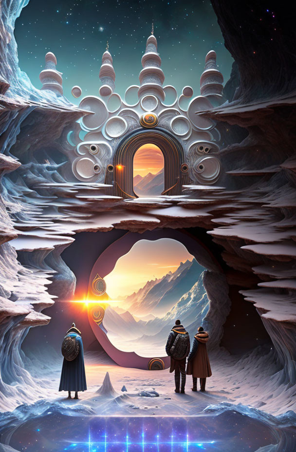 Cloaked figures at mystical gate in cave with mountainous landscape