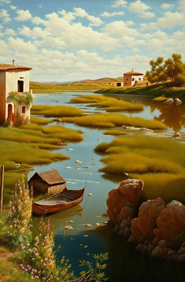 Tranquil river landscape with boat, reeds, and houses