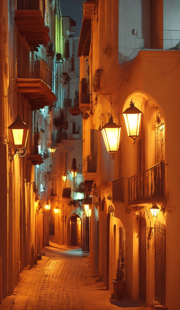 Cozy night scene: narrow alley with warm street lights and balconies.