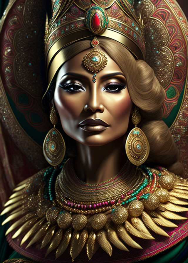 Regal woman with golden headgear and jewelry showcasing royal elegance