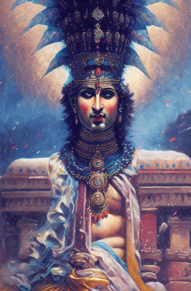 Blue-skinned deity with intricate headgear and jewelry in ethereal setting.