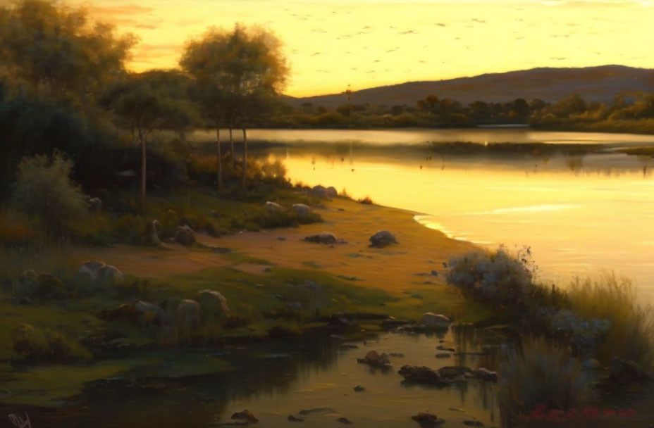 Tranquil sunset landscape with golden river reflection amid lush trees