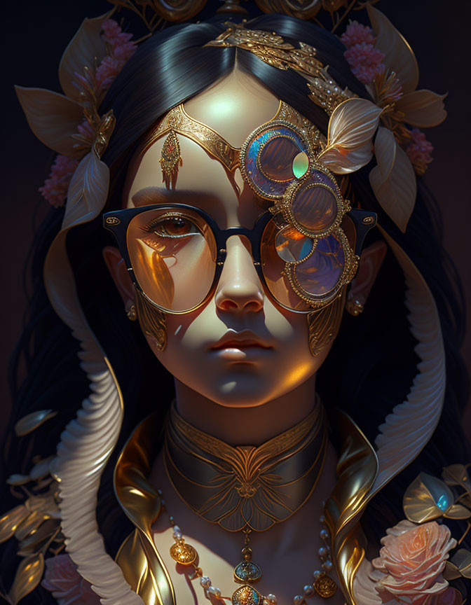 Digital artwork featuring woman with ornate golden accessories and floral adornments.