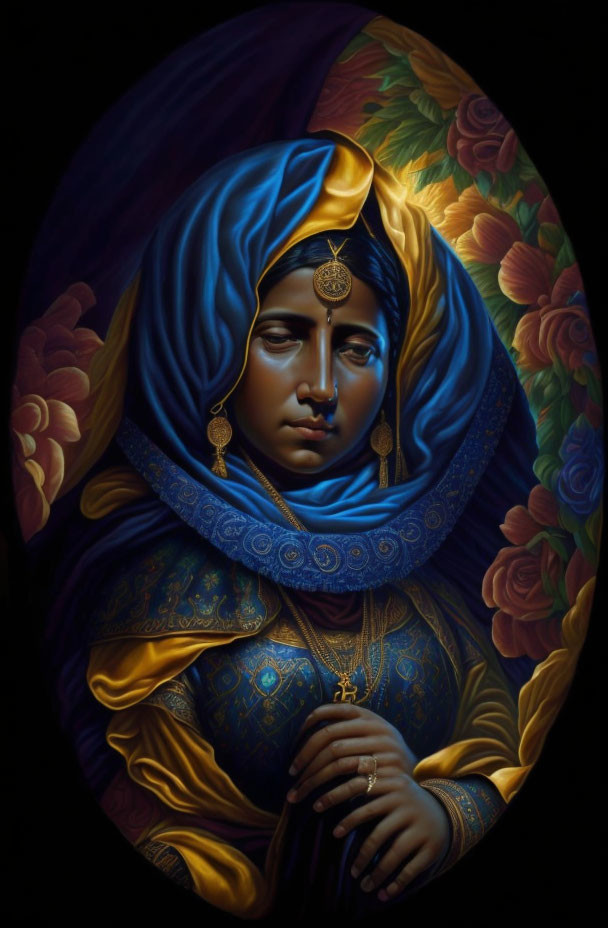 Oval-framed painting of woman in blue headscarf and jewelry on floral background