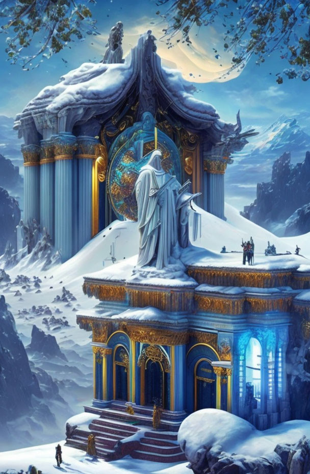 Snow-covered fantasy temple with golden accents, robed figure, blue torches, and towering statue.