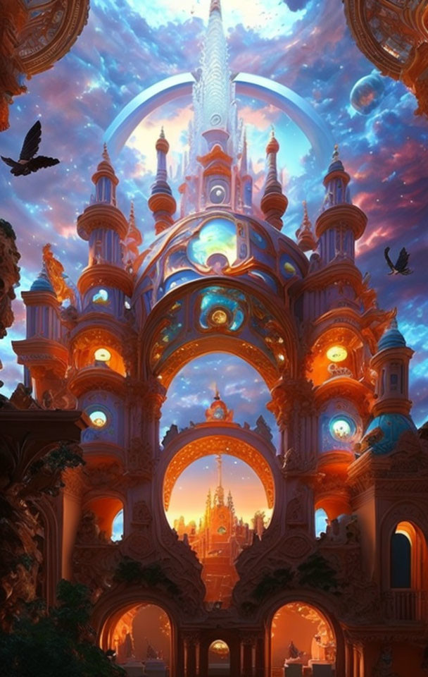 Fantastical castle with ornate towers under twilight sky surrounded by floating orbs and bird silhouettes