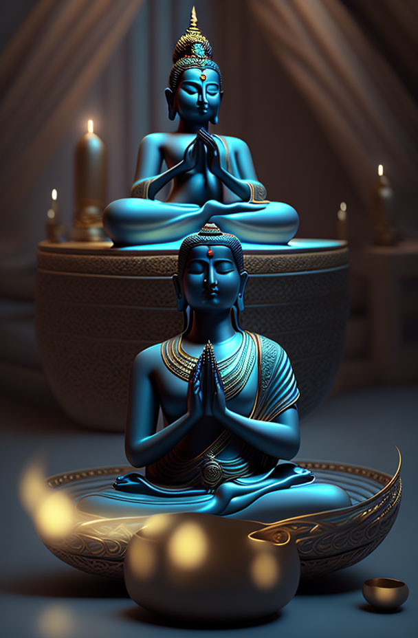 Blue Buddha statues in meditation with golden accents inside a bowl, candles, and incense burner.