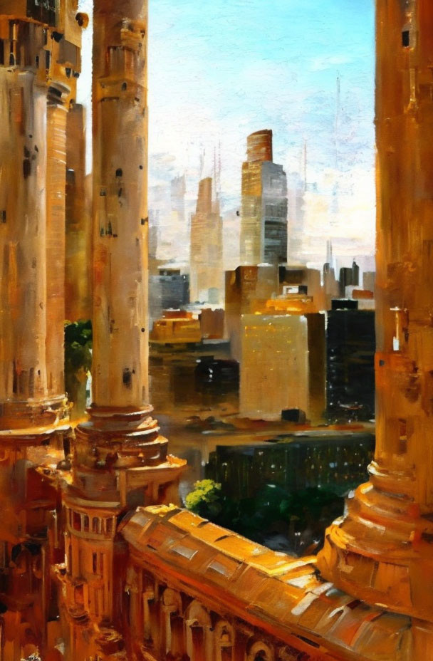 Cityscape painting with classical columns and modern skyscrapers contrast.