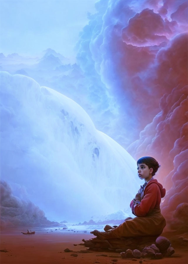 Child in red meditating on surreal beach with blue clouds and misty waterfall