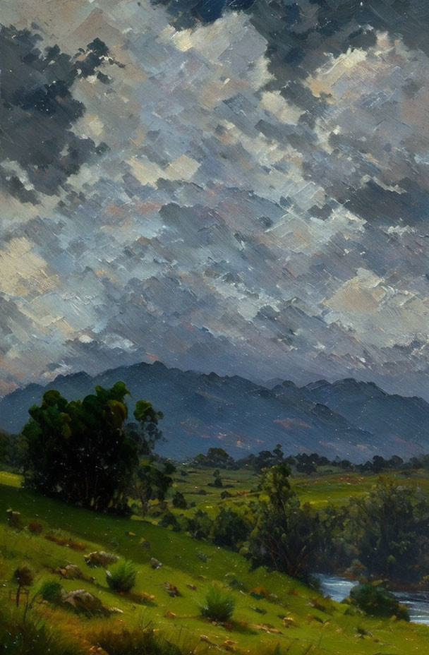 Rolling green hills under textured grey clouds in a landscape painting