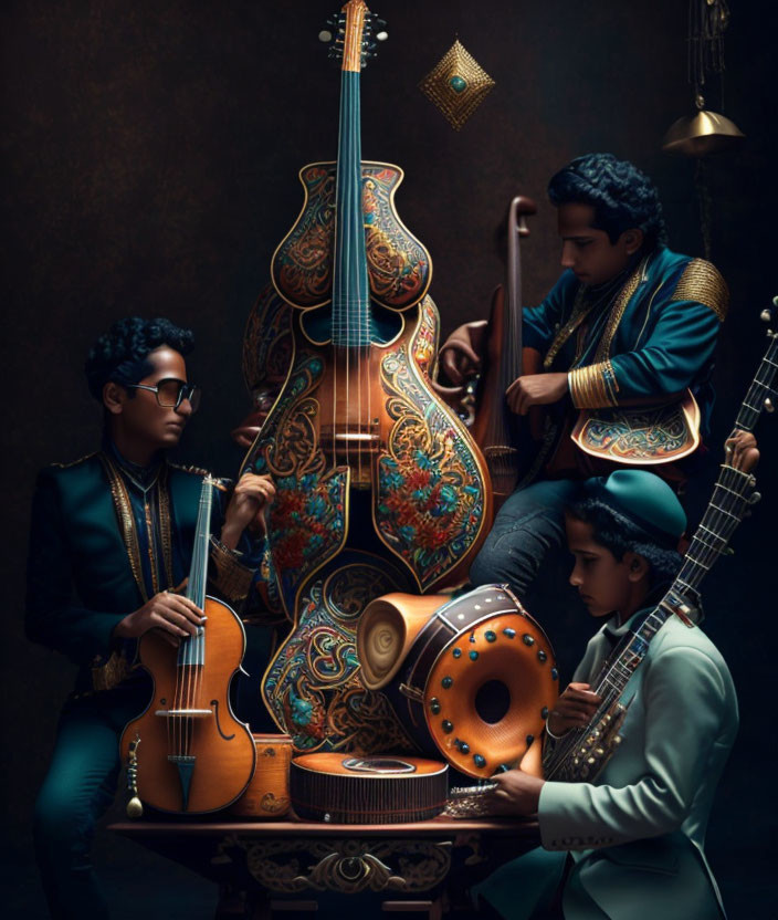 Four Musicians with Intricately Designed Instruments in Dimly-Lit Setting