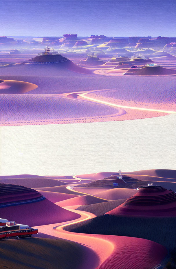 Futuristic desert landscape at twilight with dunes and advanced structures