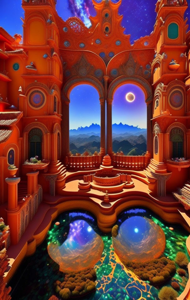 Ornate Orange Palace Overlooking Mountains and Cosmic Sky