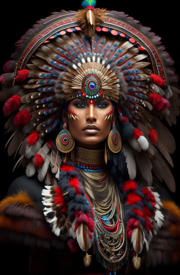 Detailed Native American headdress with feathers, beads, and vibrant headpiece on a person.