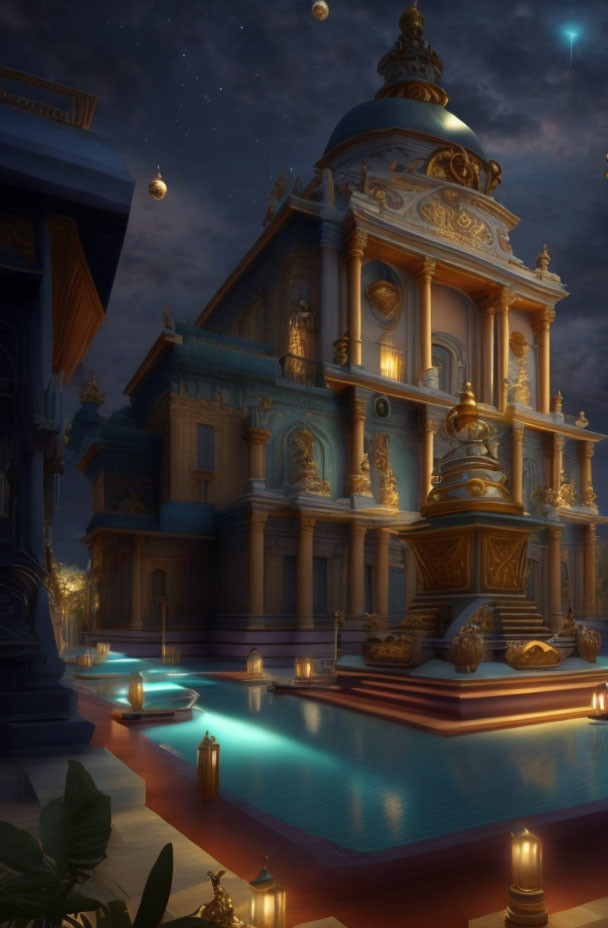 Luxurious golden palace with blue pool and starry sky at dusk