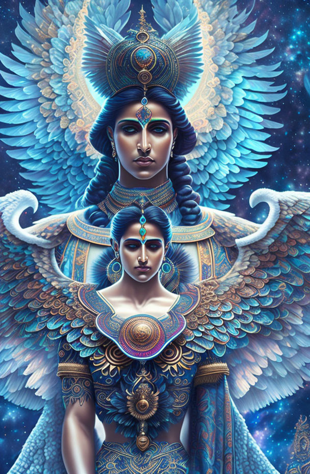 Blue-skinned figures with ornate headdresses in cosmic setting