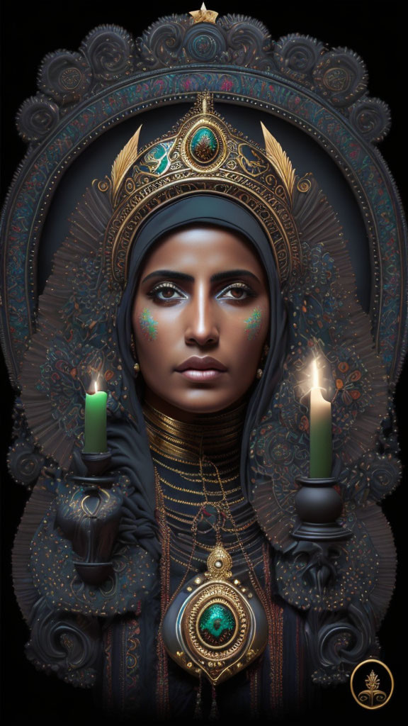 Ornate headgear and jewelry digital art portrait of woman