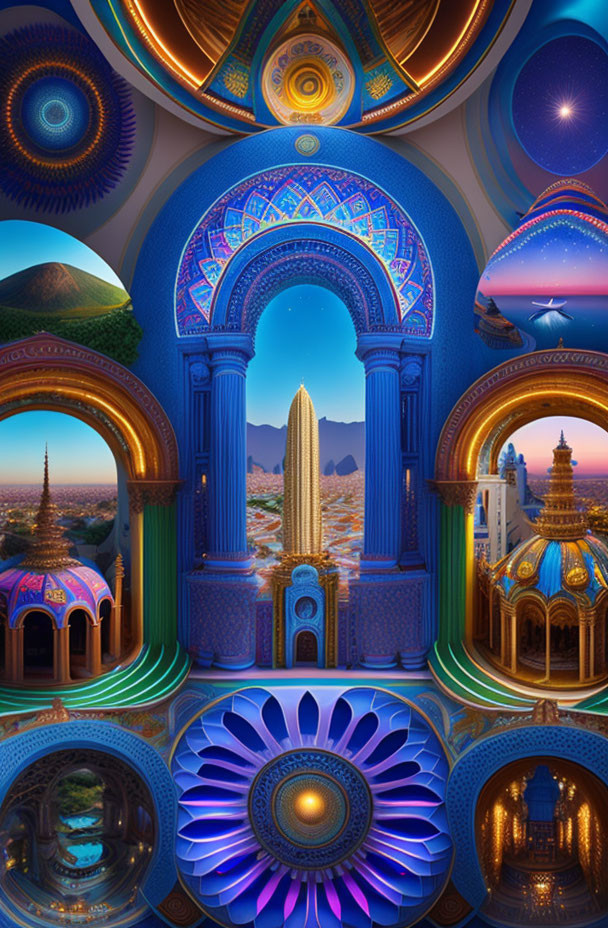 Architectural and natural landscapes with arches, domes, and mandala patterns in surreal twilight