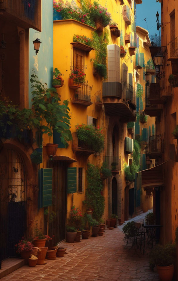 European Alley with Cobblestones & Colorful Buildings in Warm Light