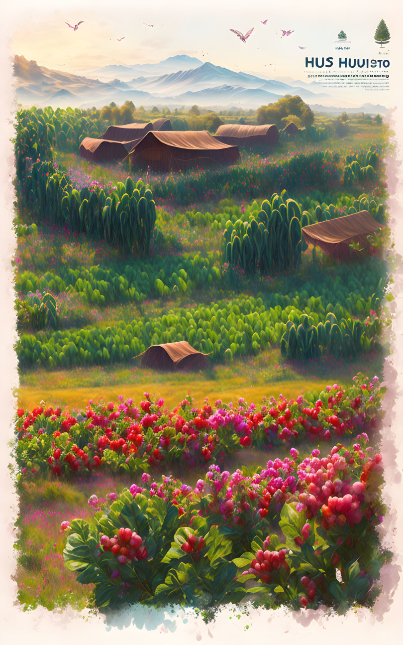 Colorful flower field, traditional huts, and mountains in lush landscape