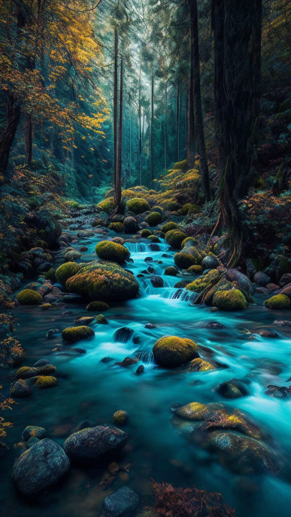 Tranquil forest stream with blue waters and moss-covered rocks